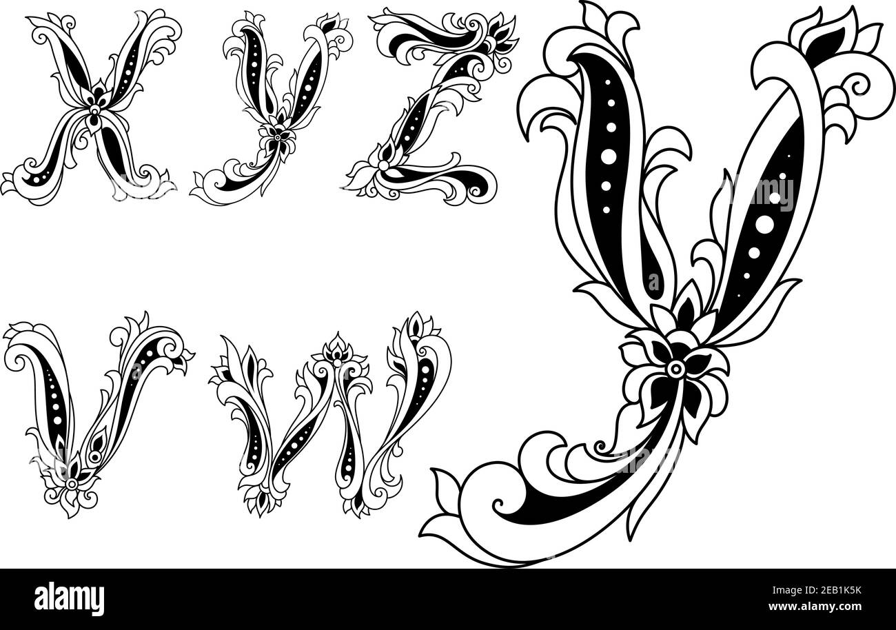 Lettere alfabetiche v,w, x,y,z in stile retrò decorate con fiori per qualsiasi design medievale o monogramma Illustrazione Vettoriale
