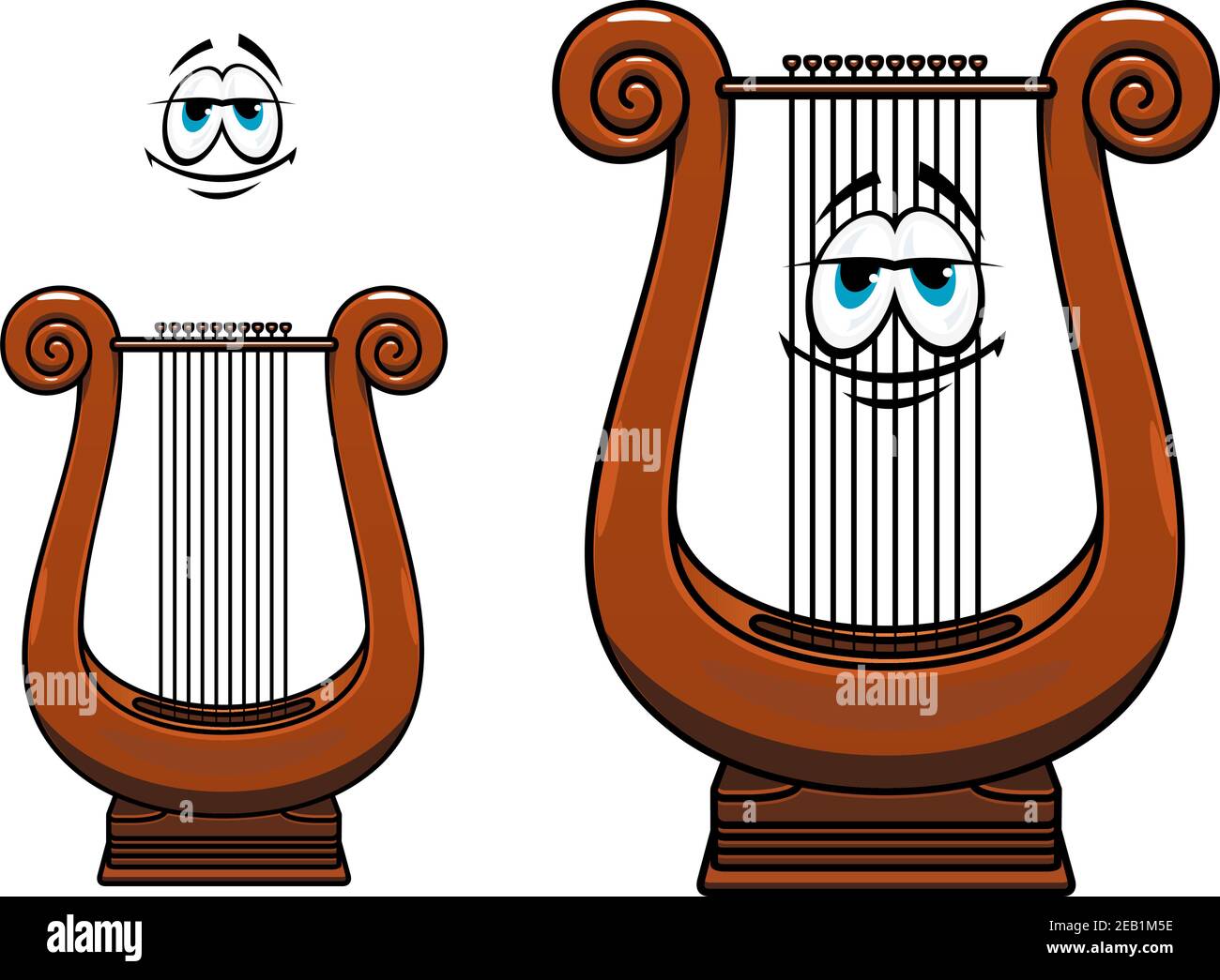Un fumetto lira sorridente raffigurante antico strumento musicale greco Strings con corpo marrone in legno adatto per l'educazione musicale o classica orche Illustrazione Vettoriale