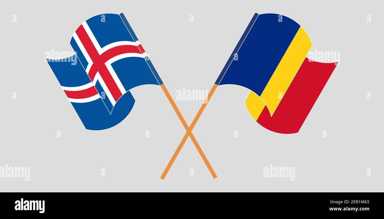 Bandiere incrociate e sventolanti di Islanda e Romania. Illustrazione vettoriale Illustrazione Vettoriale