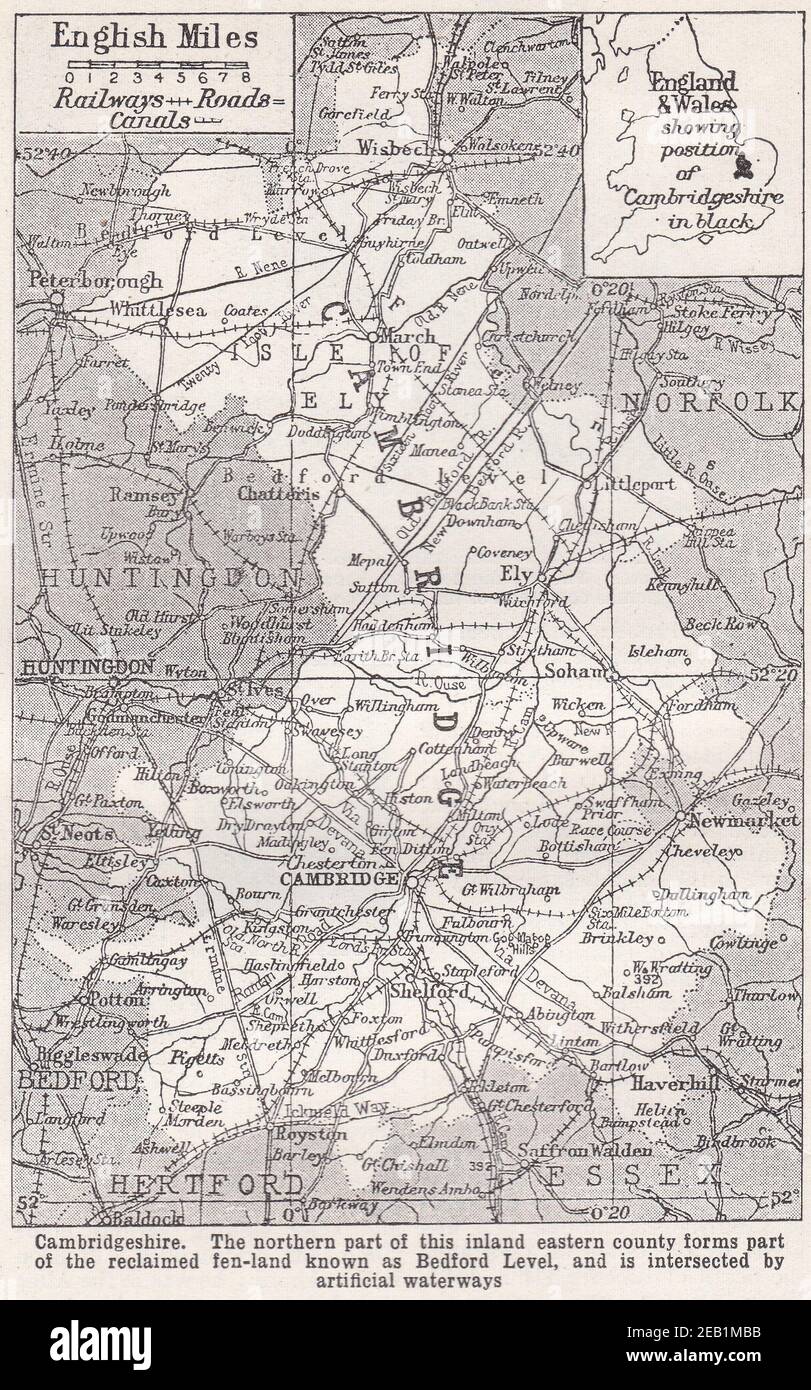 Mappa d'epoca di Cambridgeshire: La parte settentrionale di questa contea orientale dell'entroterra fa parte del fen-Land boniato noto come Bedford Level. Foto Stock