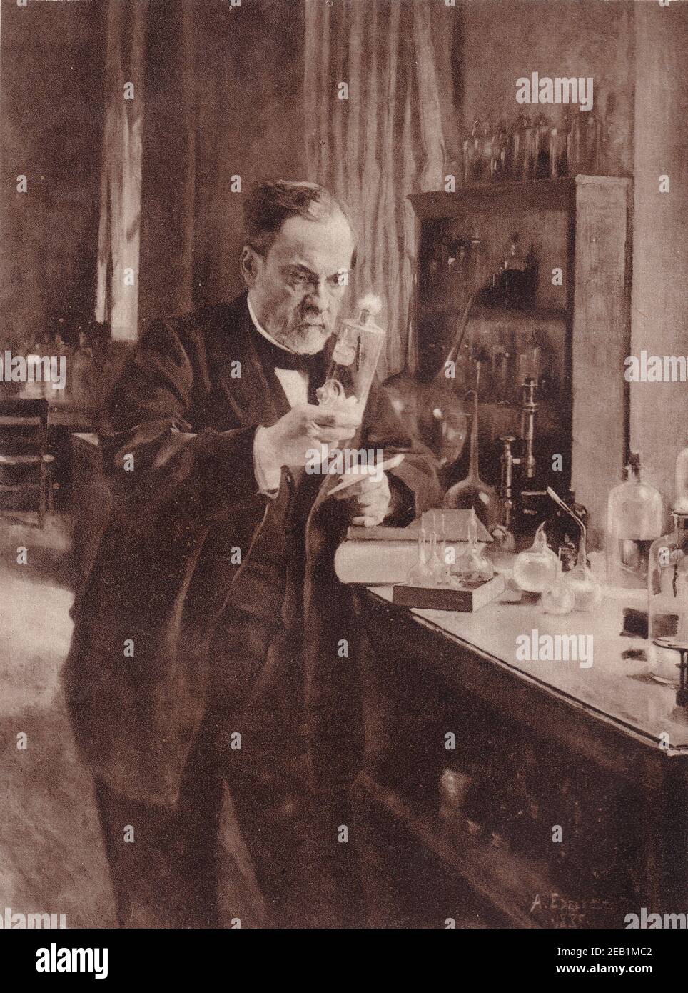 Il grande chimico francese, Louis Pasteur, al lavoro nel suo laboratorio dal dipinto di Edelfelt. Foto Stock