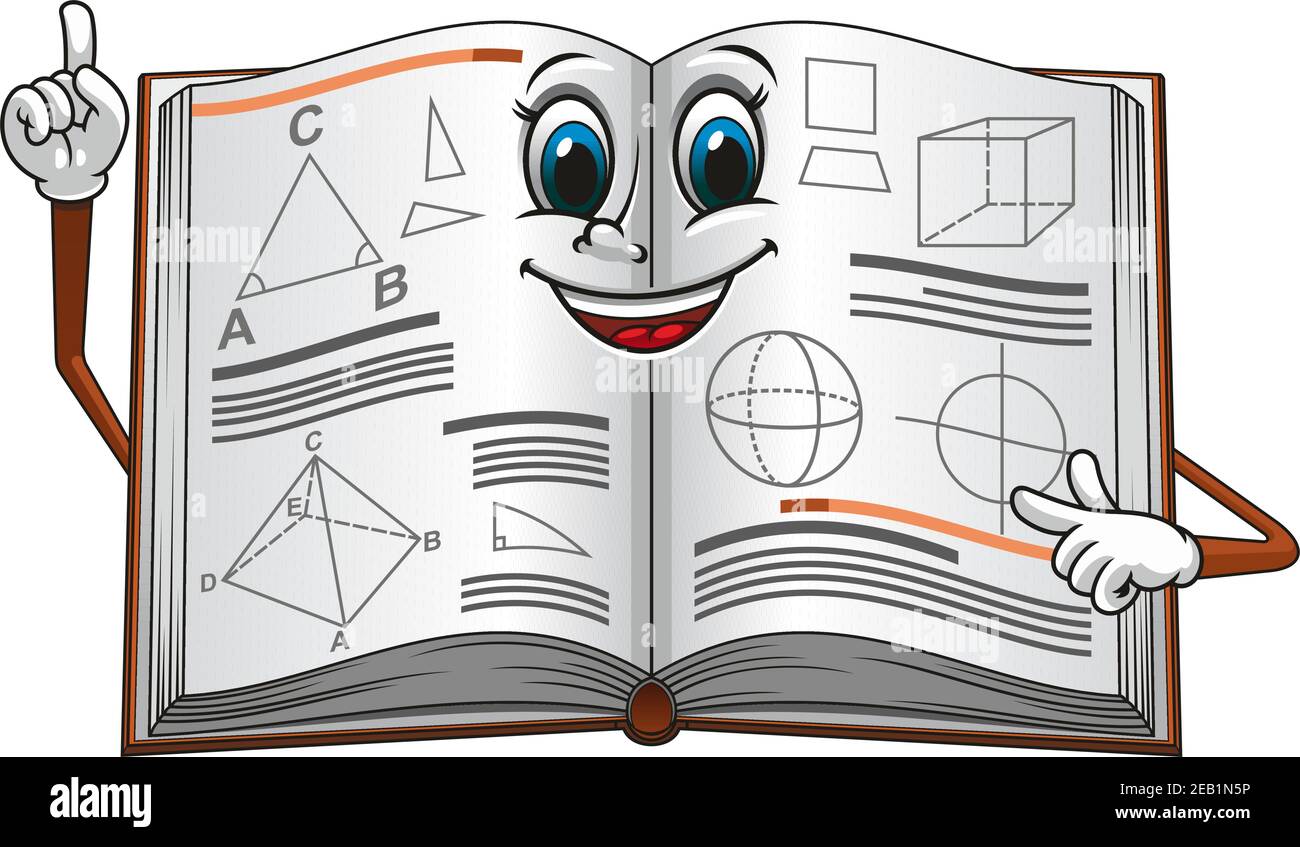 Sorridente cartoon libro di testo aperto che punta su una pagina con forme geometriche adatte per il concetto di istruzione o la progettazione di lezioni matematiche Illustrazione Vettoriale