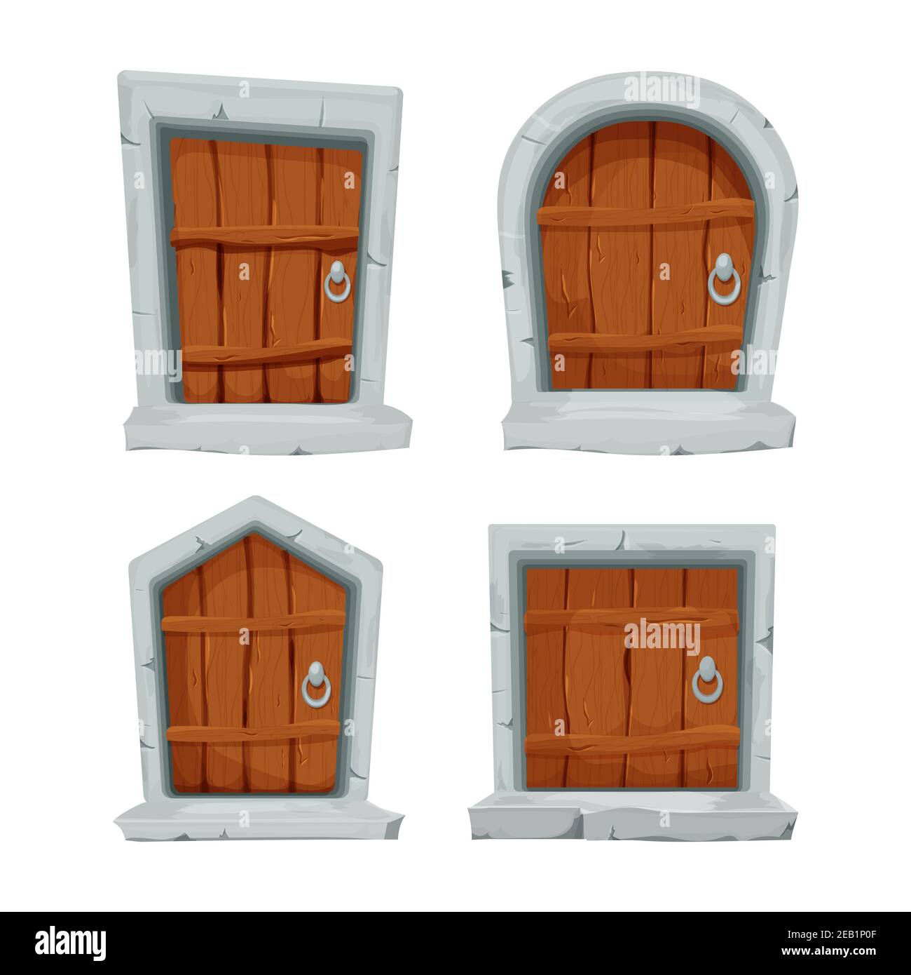 Set porte in legno con decorazione in pietra, arco in stile cartoon isolato su sfondo bianco. Fata, mistero chiuso ingresso, elementi medievali beni per Illustrazione Vettoriale