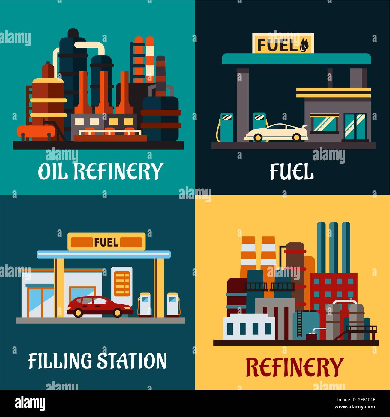 Impianti di raffineria petrolifera e stazioni di gas concetti in stile piano che mostrano stazioni di riempimento su strada con auto, pompe e impianti industriali per la raffinazione o Illustrazione Vettoriale