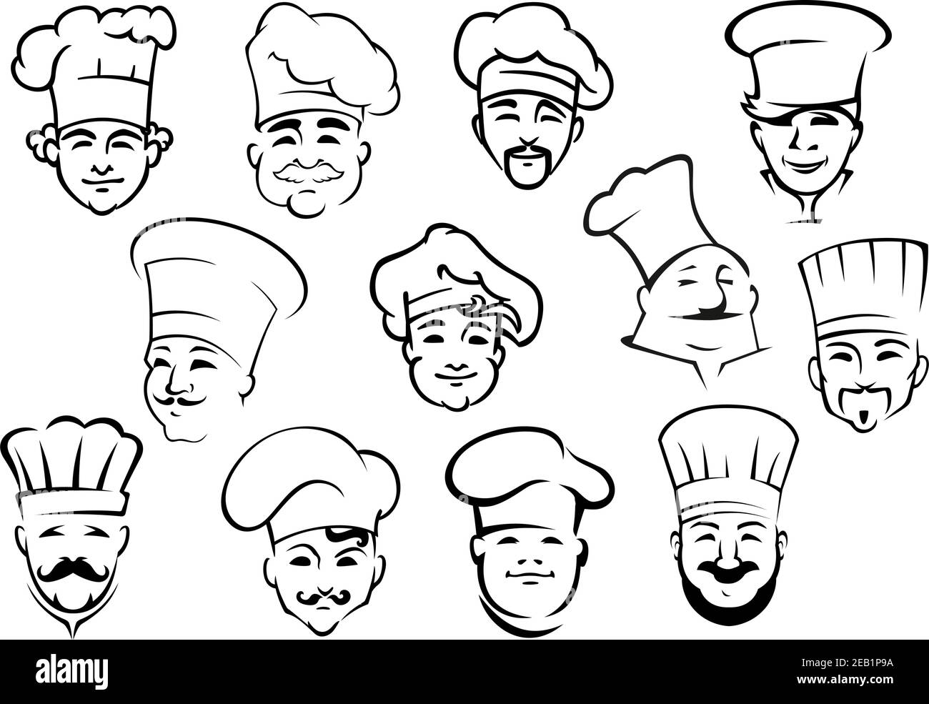 Chef multietnici in toques uniformi professionali in stile doodle sketch adatto per il personale della cucina di design del ristorante Illustrazione Vettoriale