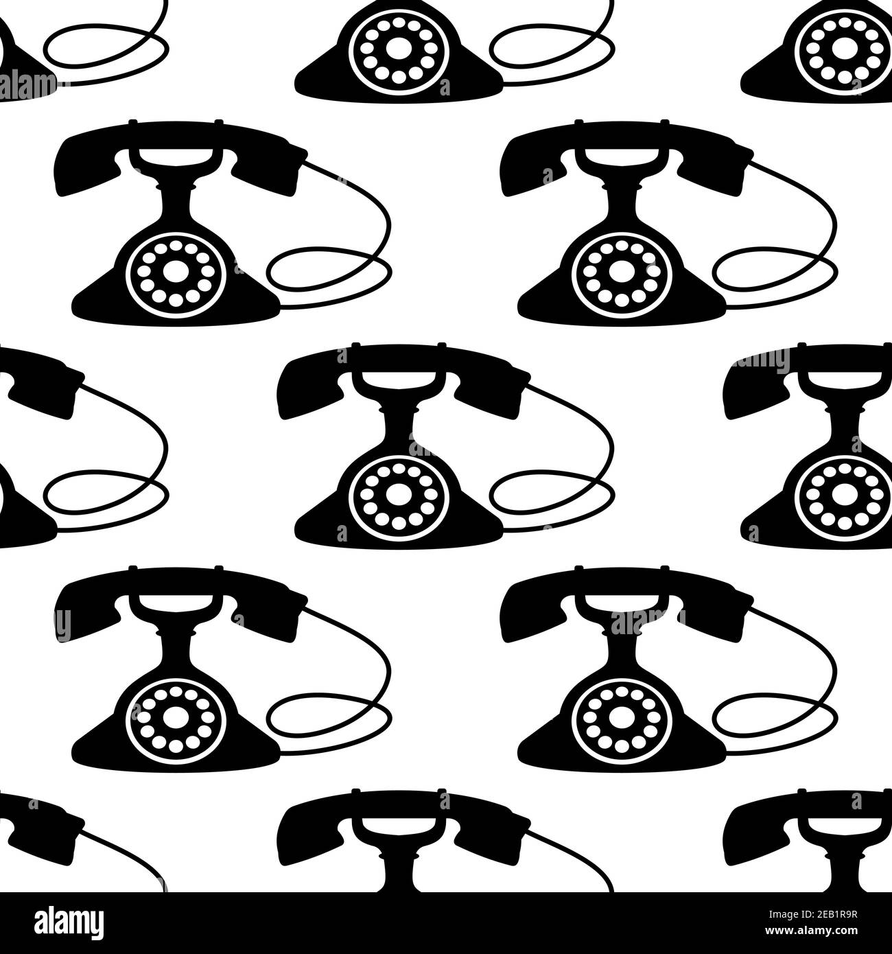 Silhouette nere del telefono retro con quadrante rotante senza cuciture su fondo bianco adatto per il disegno di riempimento di tessuto o pagina Illustrazione Vettoriale