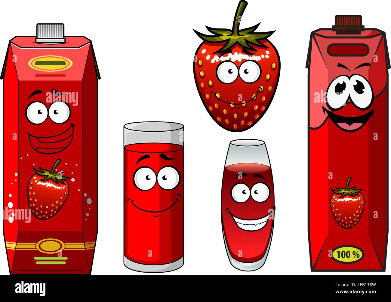 Personaggi Cartoni Animati Di Succo Di Fragola Tra Cui Frutta Fresca Sorridente Alla Fragola Con Semi Gialli Confezioni Di Cartone Dal Design Colorato E Bicchieri Con Immagine E Vettoriale Alamy