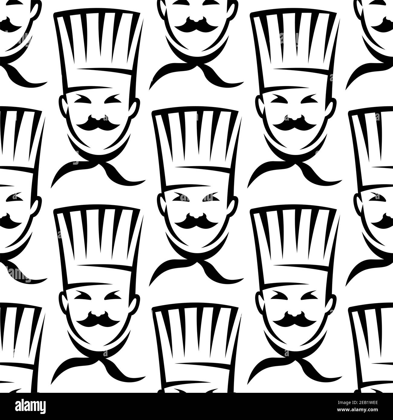 Teste contornate di baffi chef o cuoco senza cuciture modello in punta e collo uniformi su fondo bianco, ideali per il tessuto o design di ricettario Illustrazione Vettoriale