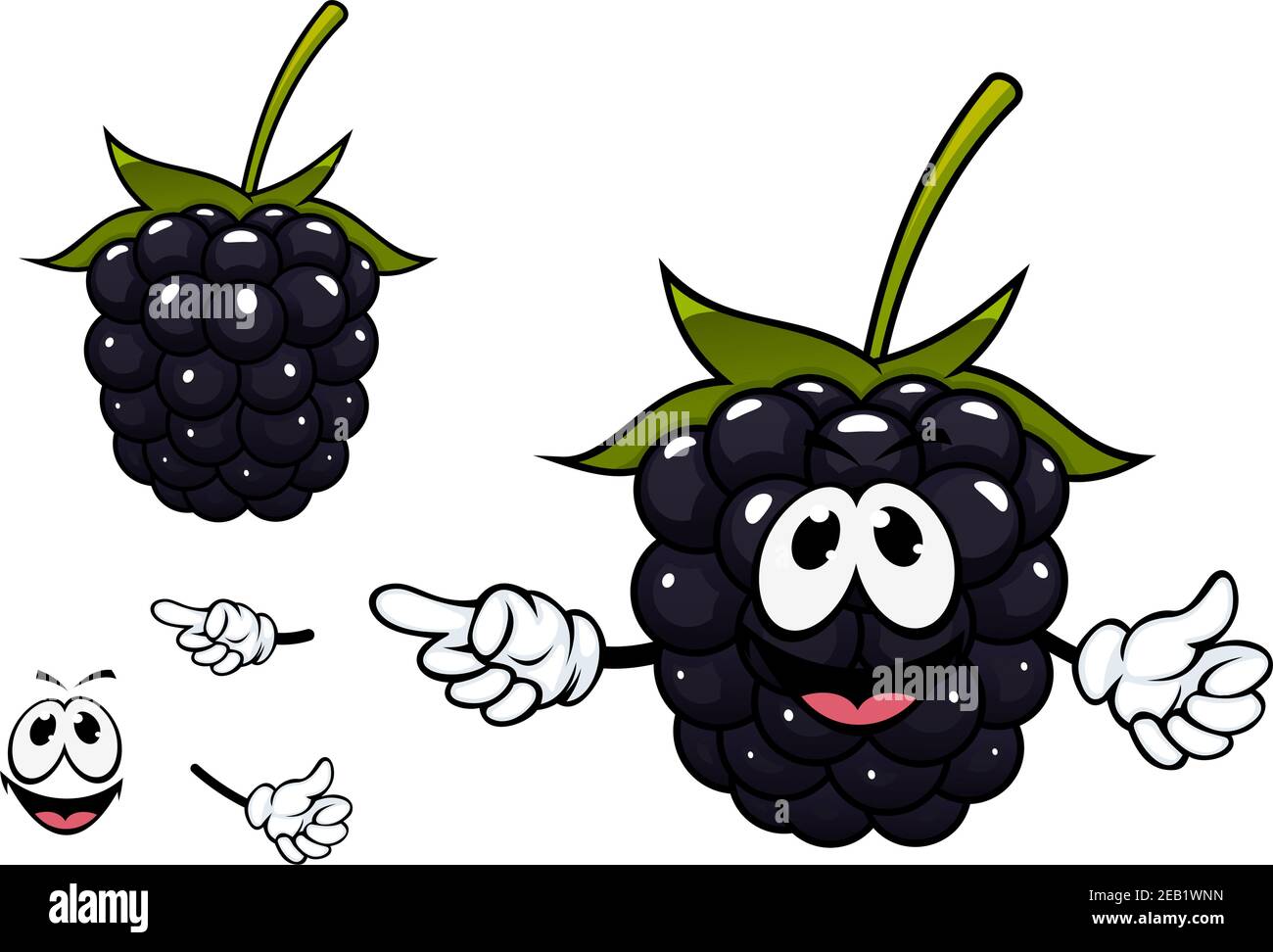 Mature succulente cartoon blackberry Fruit con drupelet nero brillante, grande carpello verde e divertente volto sorridente per cibo naturale o m infantile Illustrazione Vettoriale