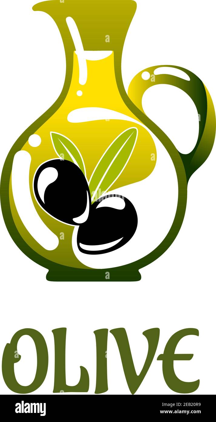 Vaso di vetro con olio d'oliva e olive nere isolate sfondo bianco Illustrazione Vettoriale