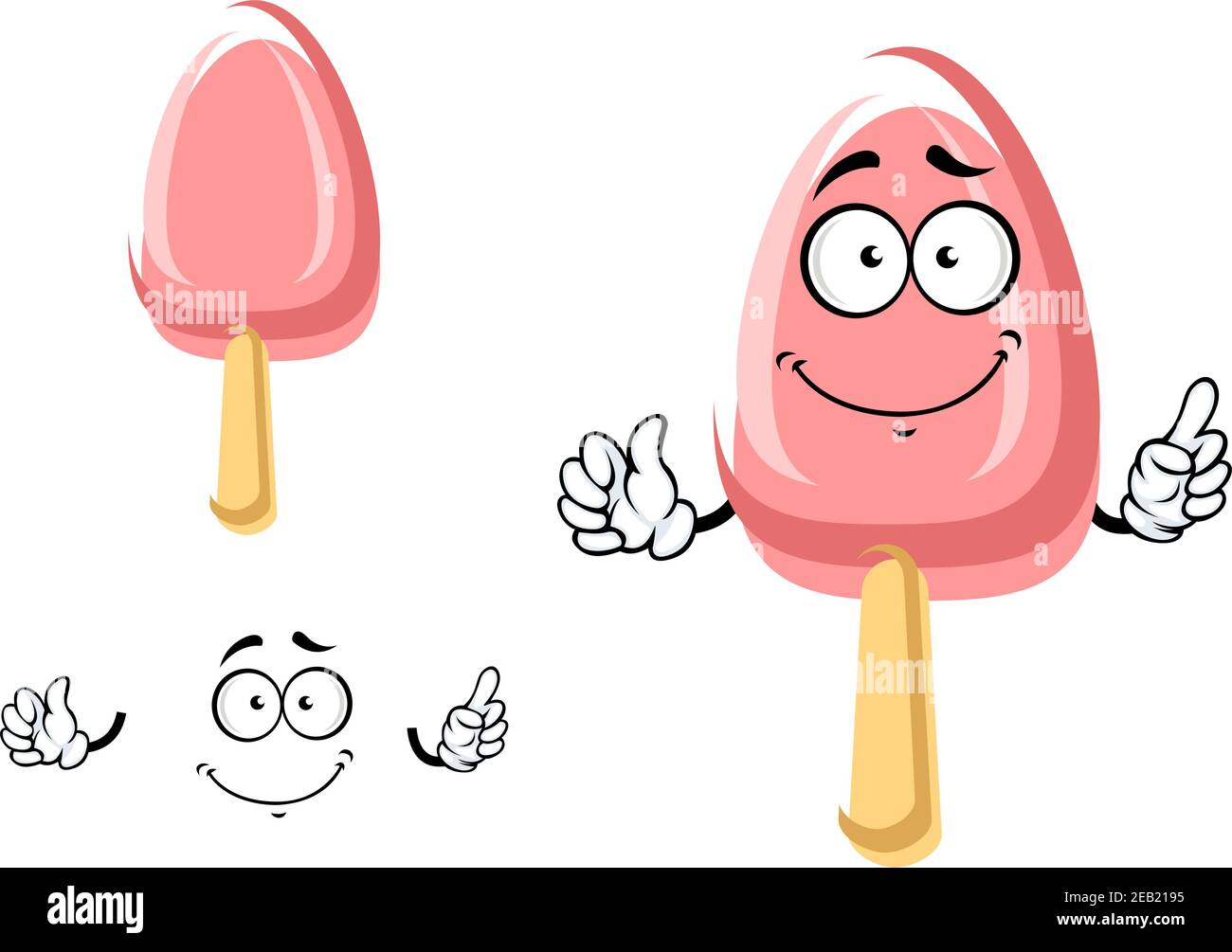 Cartone animato gioioso gelato rosa fruttato su un bastone o. ghiaccio lolly carattere isolato su sfondo bianco Illustrazione Vettoriale