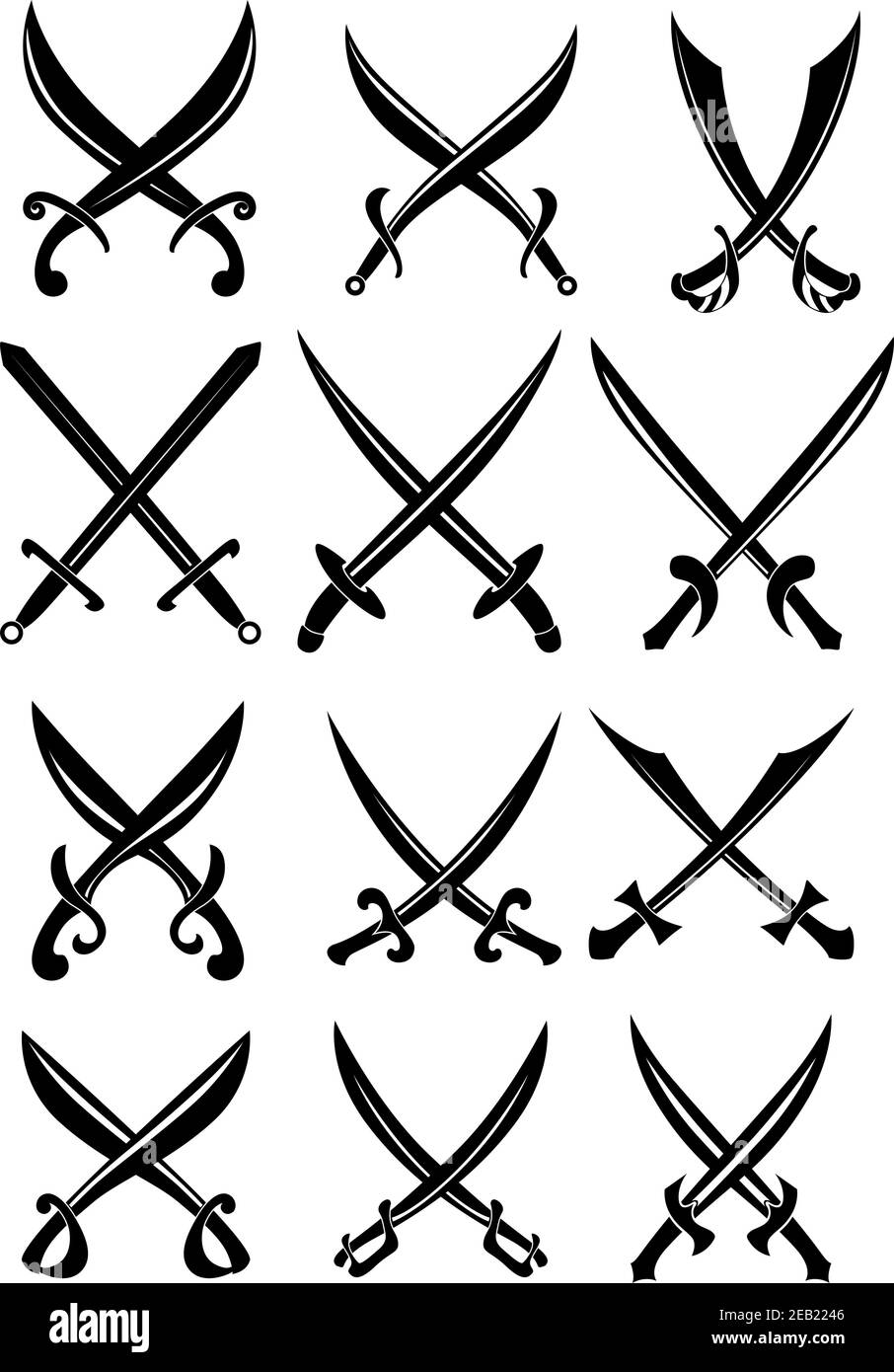 Pirata nera spade e sciabole incrociate con varie forme di lame, per il design eraldico Immagine e Vettoriale - Alamy