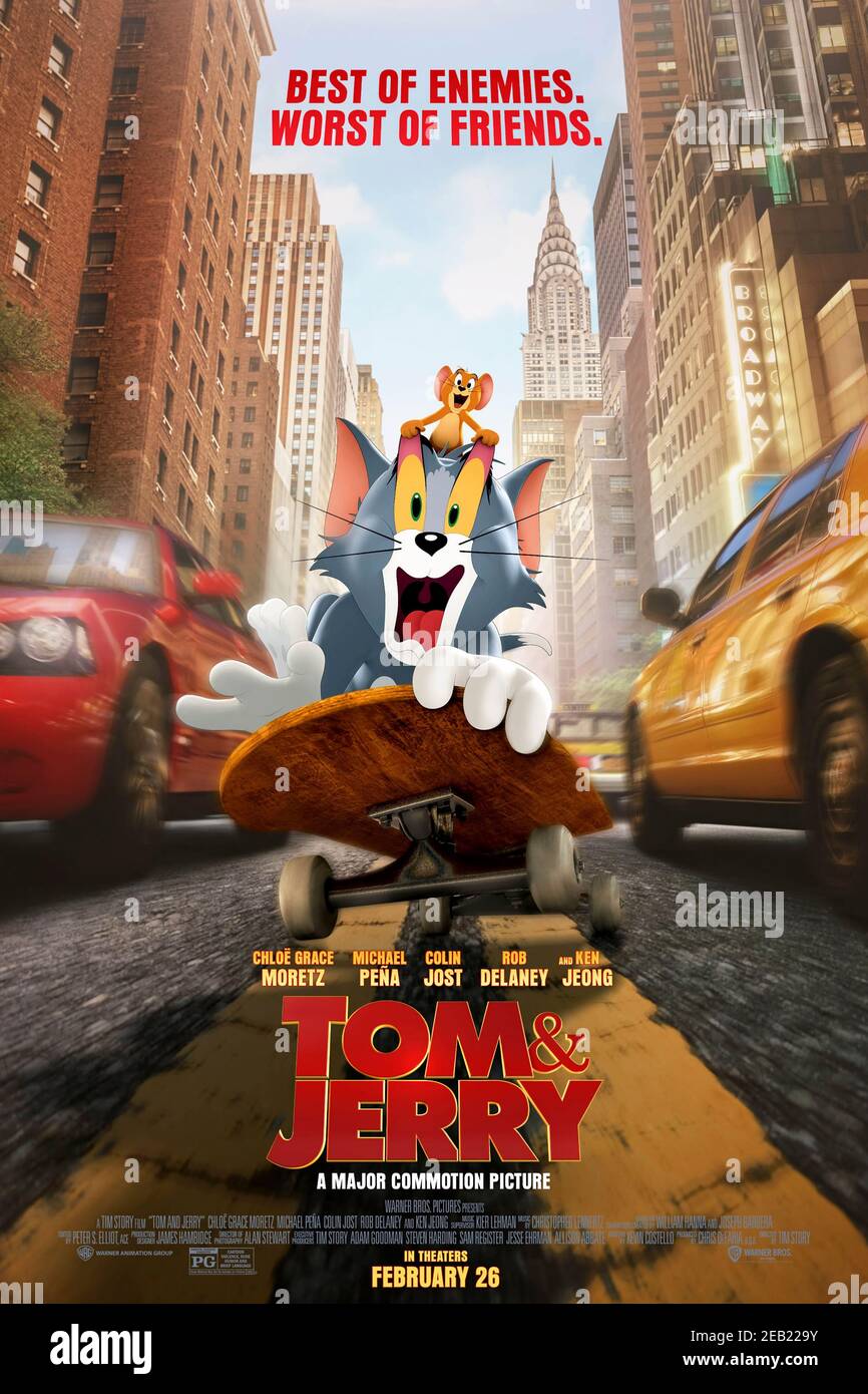 Tom & Jerry: The Movie (2021) diretto da Tim Story e interpretato da Chloë Grace Moretz, Michael Peña e Rob Delaney. Film ibrido CGI in azione dal vivo con i personaggi dei cartoni animati di gatto e mouse molto amati. Foto Stock