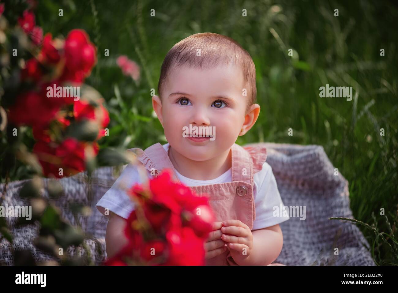 Un bambino si siede su un prato verde accanto alle rose rosse. Una ragazza felice in una tuta polverosa gode di una passeggiata nel parco, le aggrappano le mani, il sole è timido Foto Stock