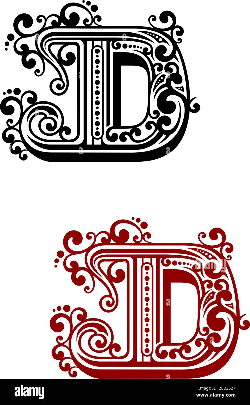 Antica lettera maiuscola D con elementi floreali per calligrafia, design antico o monogramma Illustrazione Vettoriale