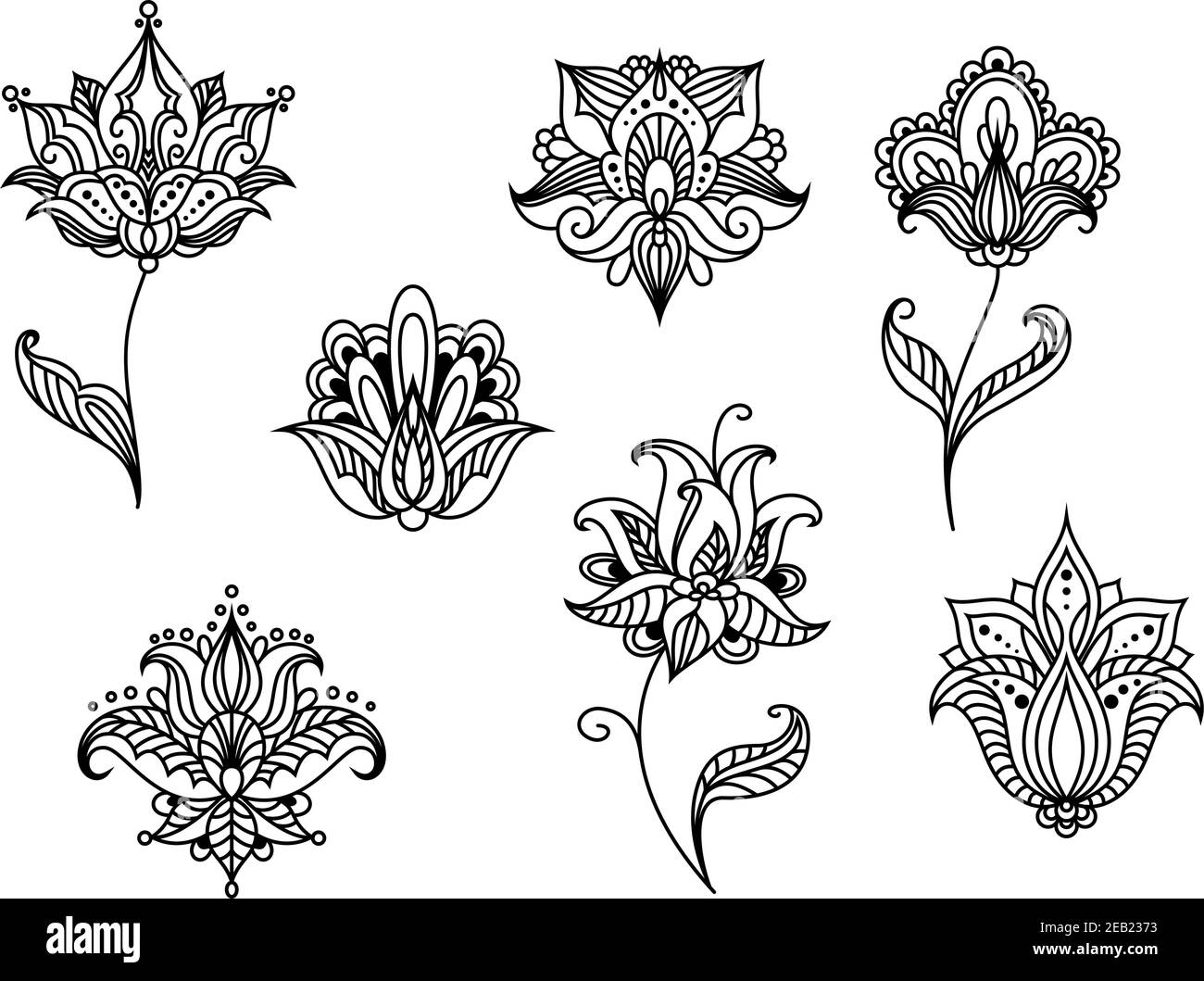 Elementi di design floreali neri con apertura in stile persiano fiori astratti di paisley con petali appuntiti e arrotondati decorati ondulati linee an Illustrazione Vettoriale