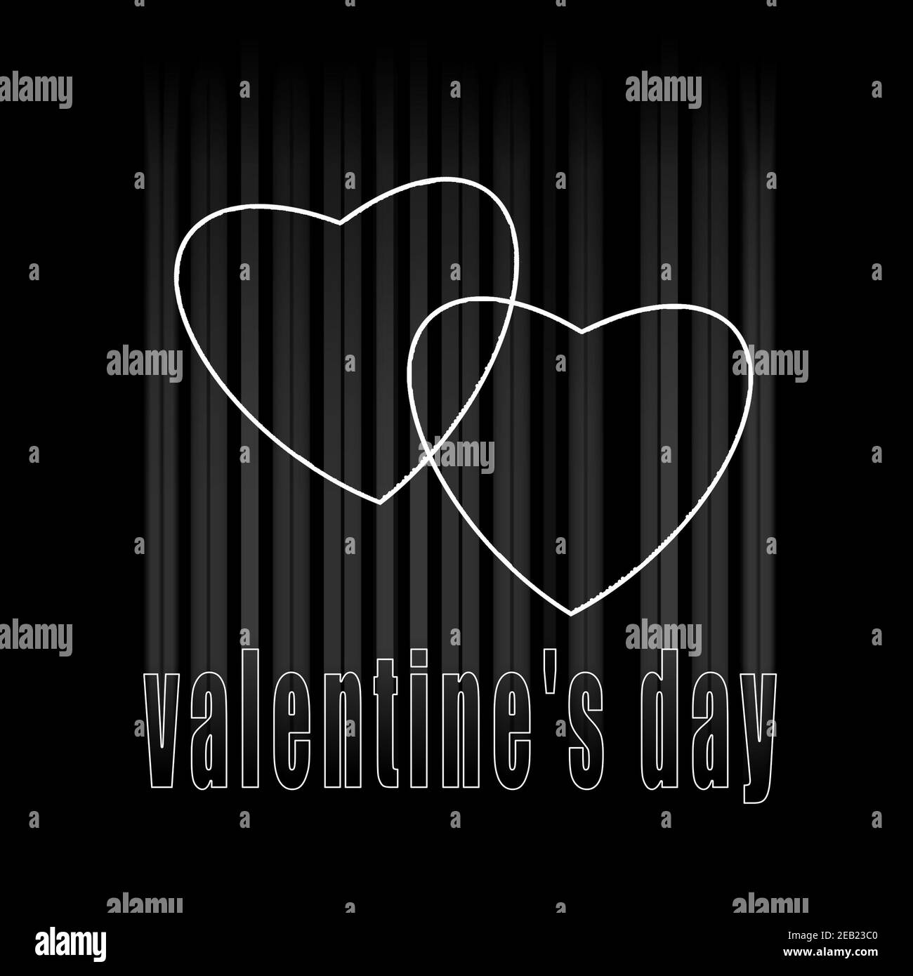 Iscrizione di San Valentino e due cuori su sfondo nero. San Valentino scuro. Grafica monocromatica. Scritte e simboli in bianco e nero. Foto Stock