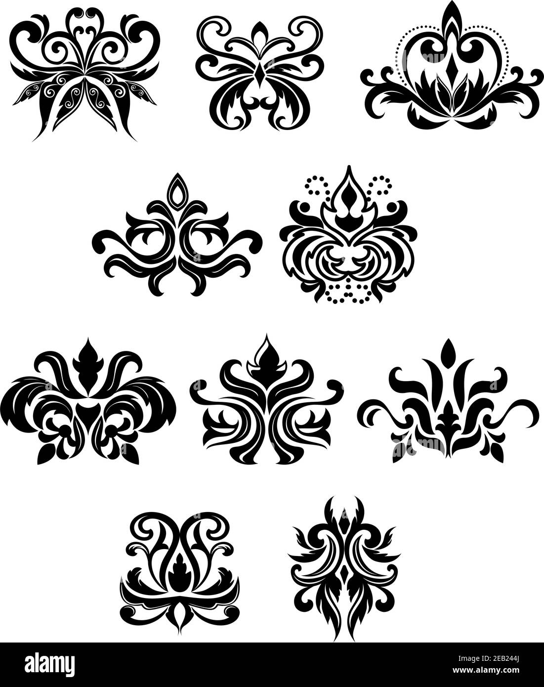 Fiori neri in stile damasca decorati con gemme, puntini, girls e lussureggiante fogliame ricci. Isolato su sfondo bianco Illustrazione Vettoriale