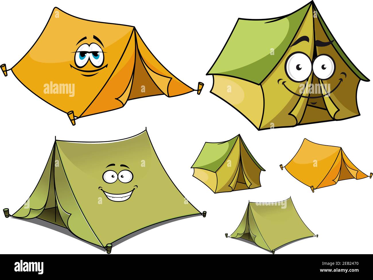 Cartoon Happy viaggio tende personaggi con tende di cresta verde e giallo che sostengono pali di legno, per viaggi o campeggio design Illustrazione Vettoriale