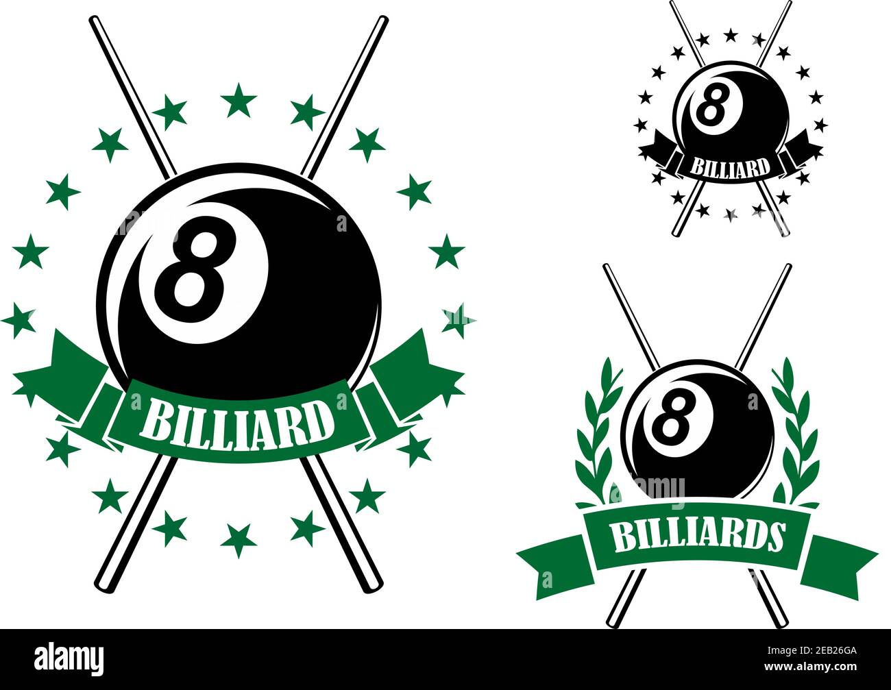 Emblemi da biliardo o da biliardo retrò in colori verde e nero con otto palline e cue incrociate circondate da striscioni a nastro, stelle e rami di alloro per Illustrazione Vettoriale