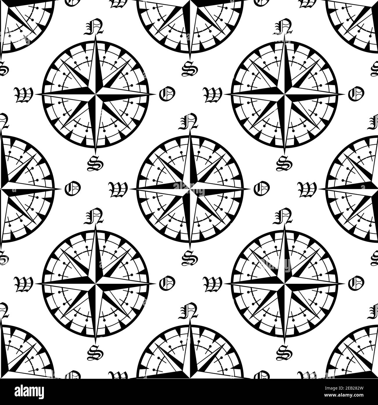 Bussola di navigazione vintage motivo senza cuciture con motivo ripetuto di rosa bussola nera su sfondo bianco, per l'avventura o design di viaggio Illustrazione Vettoriale