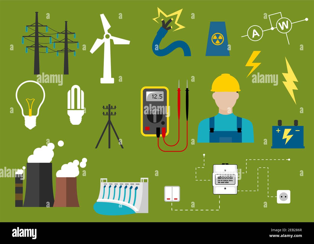 Icone infografiche piatte dell'industria elettrica, tra cui la generazione e il trasporto di energia, l'ingegneria elettrica e i simboli professionali degli elettricisti Illustrazione Vettoriale