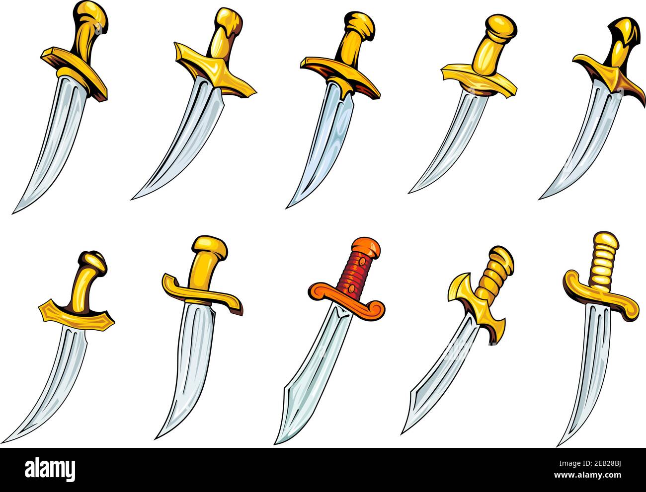 Addobbati pugnali o poniardi vintage con manici dorati e affilati lame in stile cartoon per t-shirt o tatuaggio Illustrazione Vettoriale