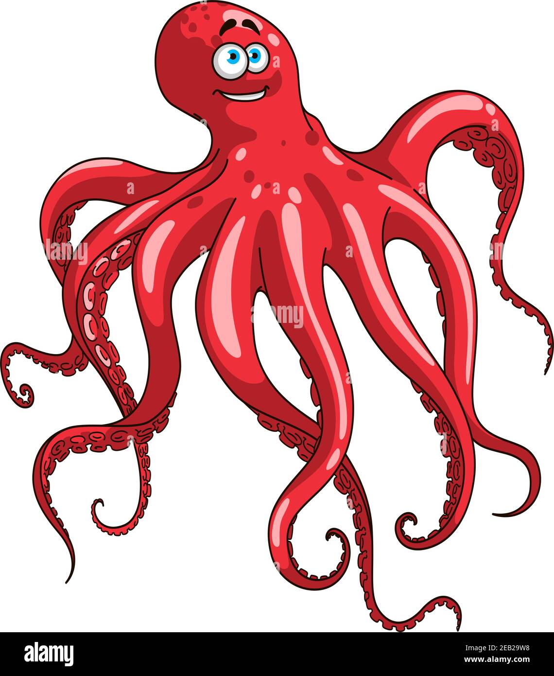 Felice rosso polpo animale cartoon carattere ondulato da lunghi tentacoli con numerose ventose isolato su sfondo bianco. Per mascotte, animali o marinai Illustrazione Vettoriale