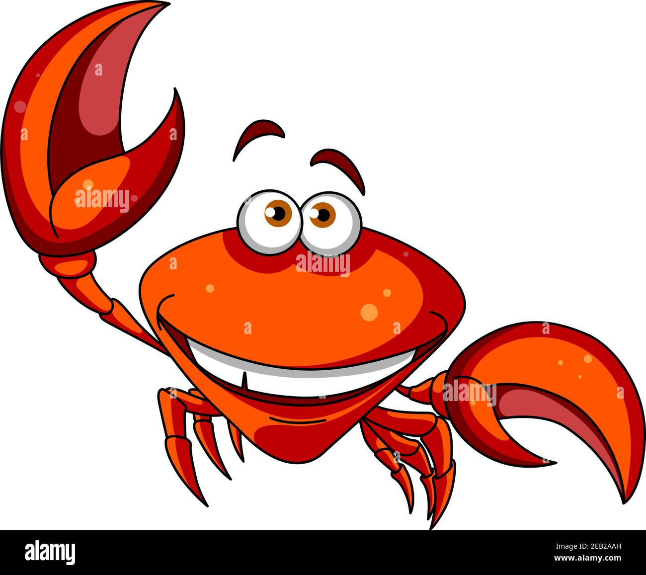 Felice sorriso rosso cartoon marino granchio carattere sventolare una grande artiglio, isolato su bianco Illustrazione Vettoriale