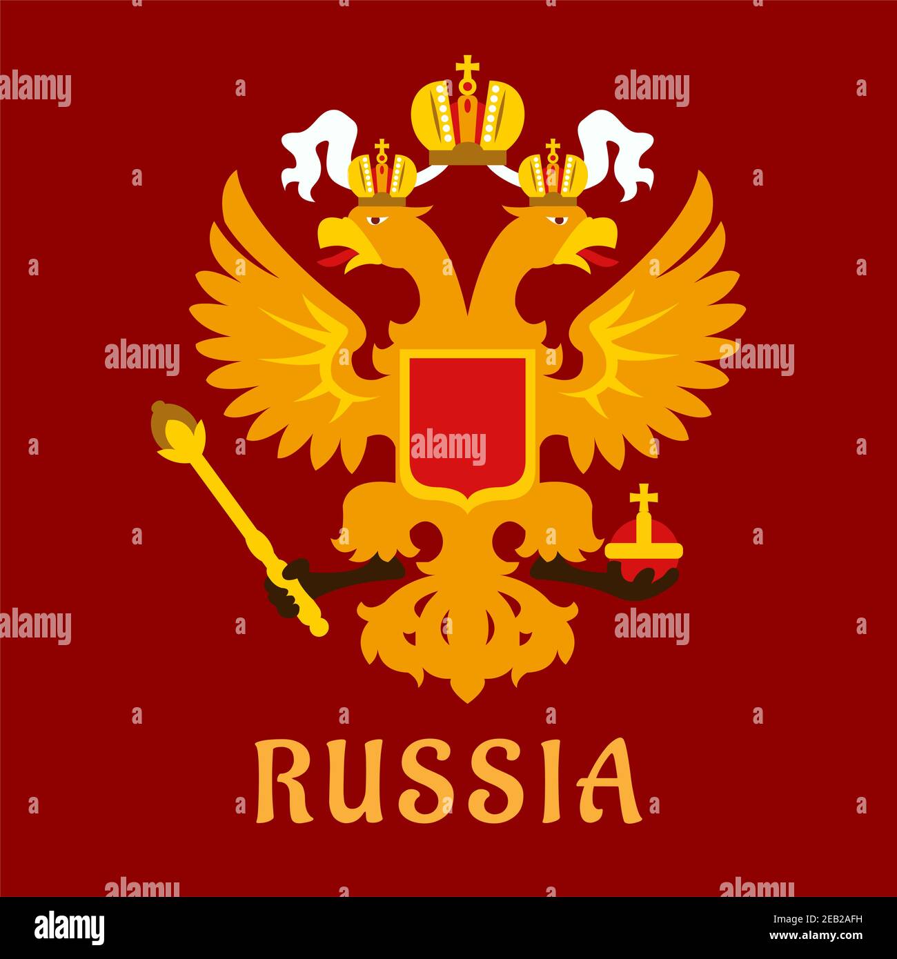 Aquila imperiale russa a testa doppia in oro su un rosso sfondo Illustrazione Vettoriale