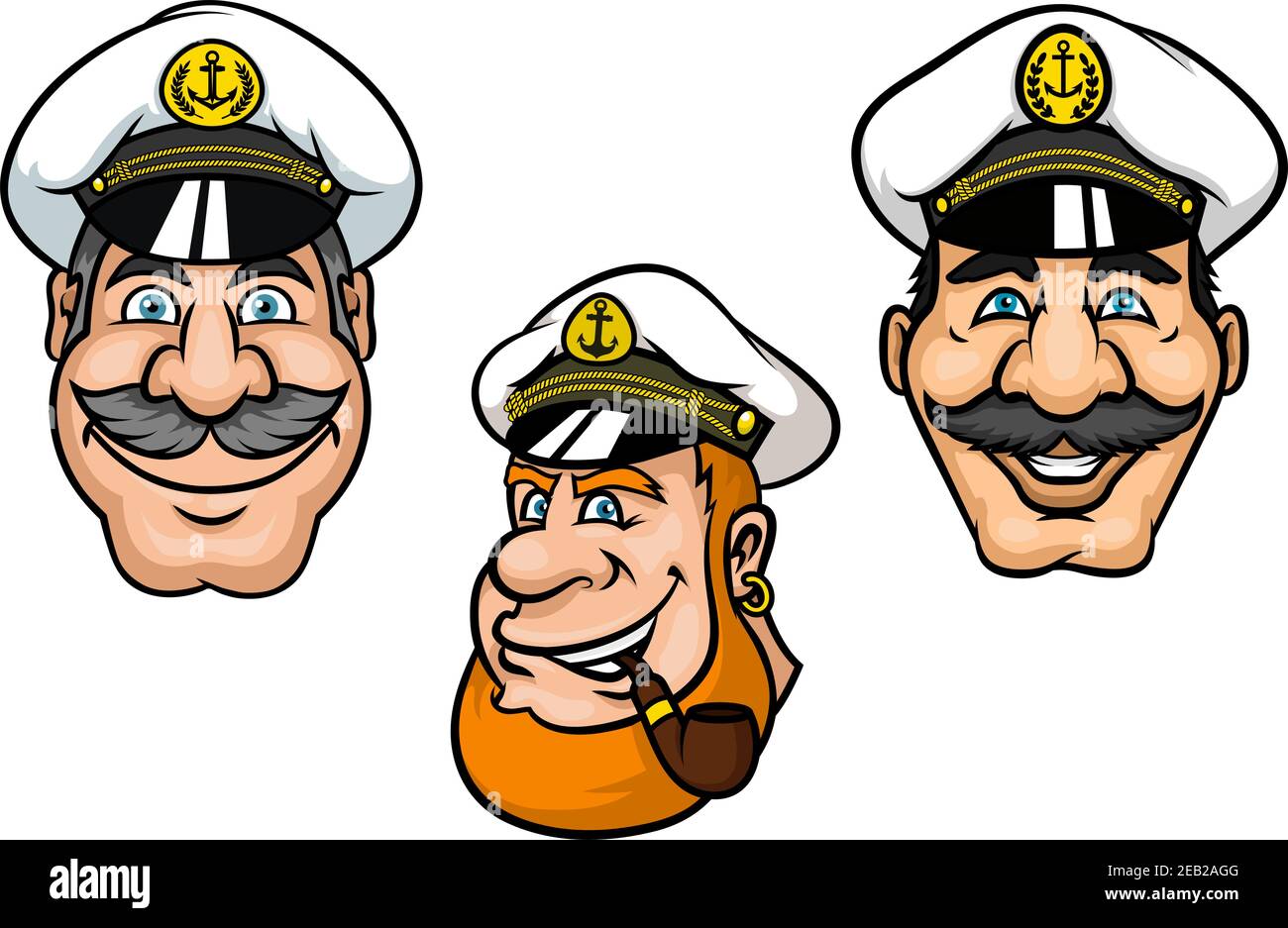 Captains nave in stile cartoon con allegri uomini sorridenti con moustache grigie, con cappelli bianchi a picco e tubo di tabacco per mascotte nautiche o tatuaggio d Illustrazione Vettoriale