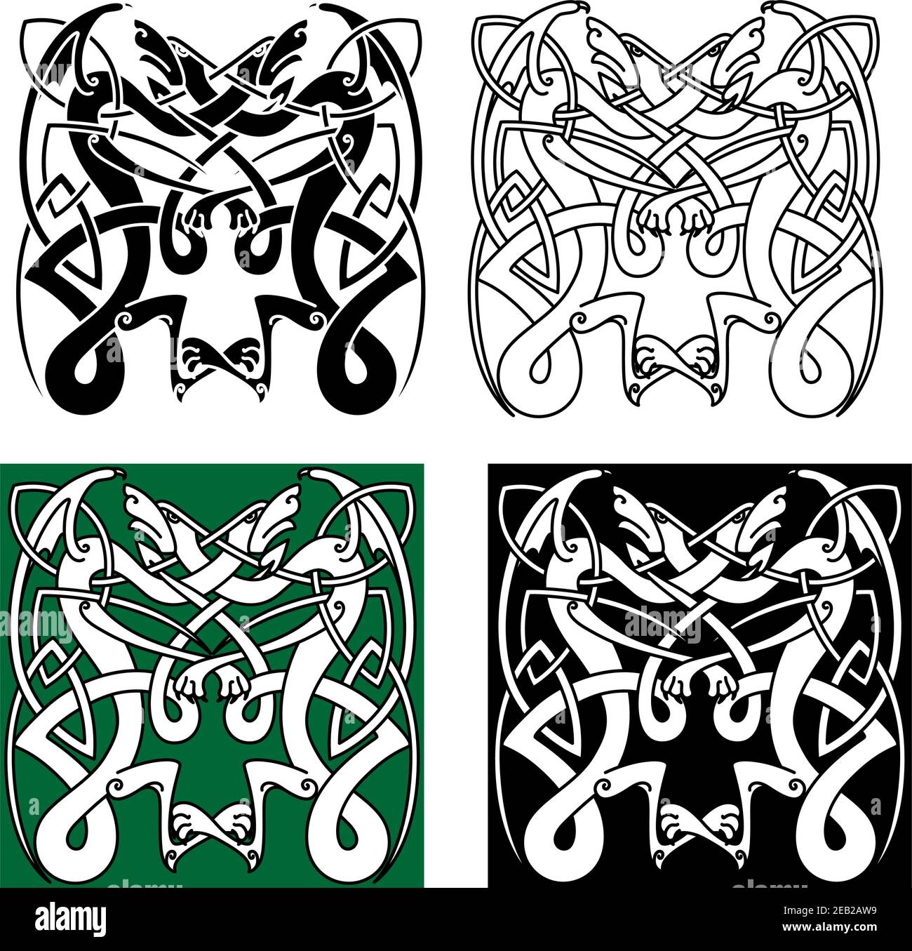 Animali Totem ornati in stile tribale con draghi volanti, decorati con tradizionale motivo celtico o scandinavo. Per tatuaggio o disegno d'arte Illustrazione Vettoriale
