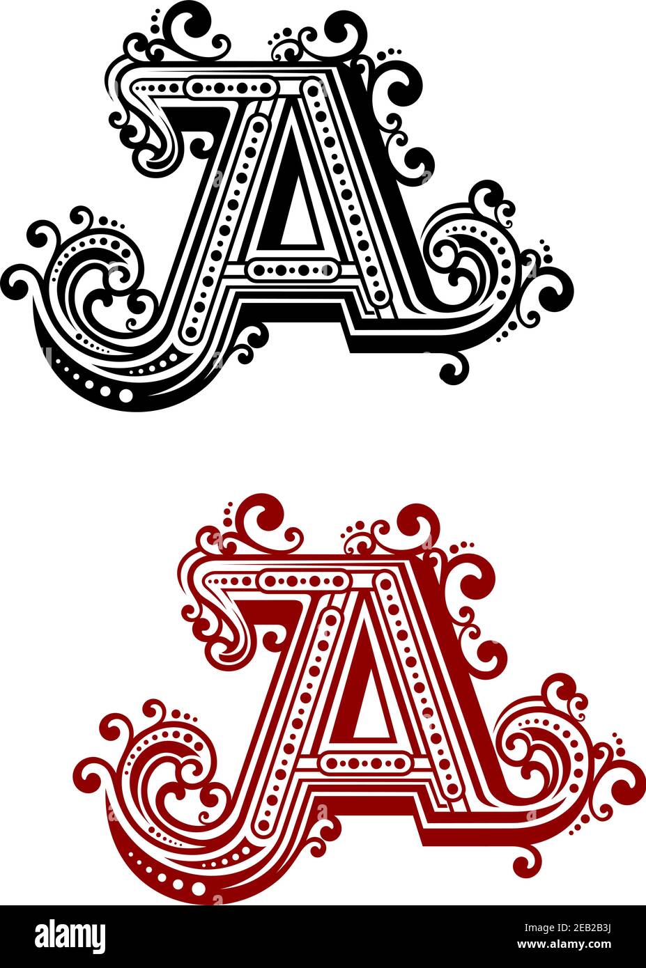 Lettera maiuscola d'epoca A in varianti di colore rosso e nero con fioritura decorativa in stile vittoriano, isolata su sfondo bianco, per monogramma Illustrazione Vettoriale