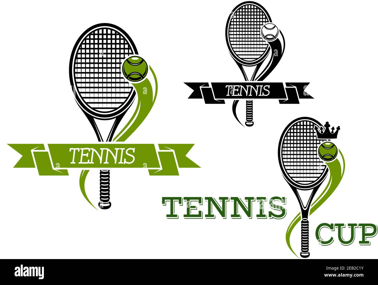 Emblemi sportivi di tennis club o tornei con racchette e palle, corone reali e sentieri di movimento ondulato decorati da striscioni a nastro Illustrazione Vettoriale