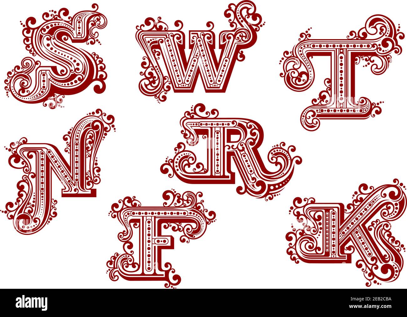 Eleganti lettere rosse in maiuscolo in stile vintage e vintage, ornate da linee intrecciate, curlicee e punti isolati su sfondo bianco. LETTERE F, K, N, R, S. Illustrazione Vettoriale