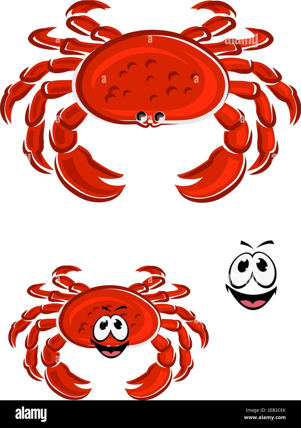Divertente personaggio rosso granchio cartoon con spessa conchiglia blindata, artigli e faccia sorridente per mascotte o disegno di pesce Illustrazione Vettoriale