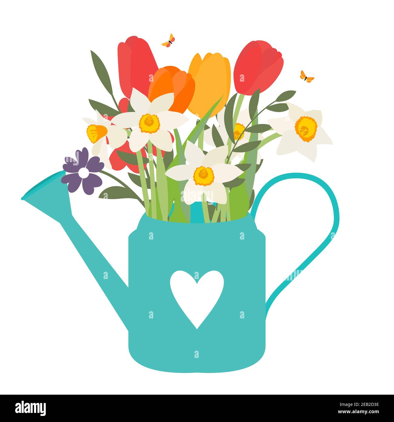 Annaffiatoio da giardino con tulipani e narcisi di fiori primaverili. Illustrazione vettoriale EPS10 Illustrazione Vettoriale