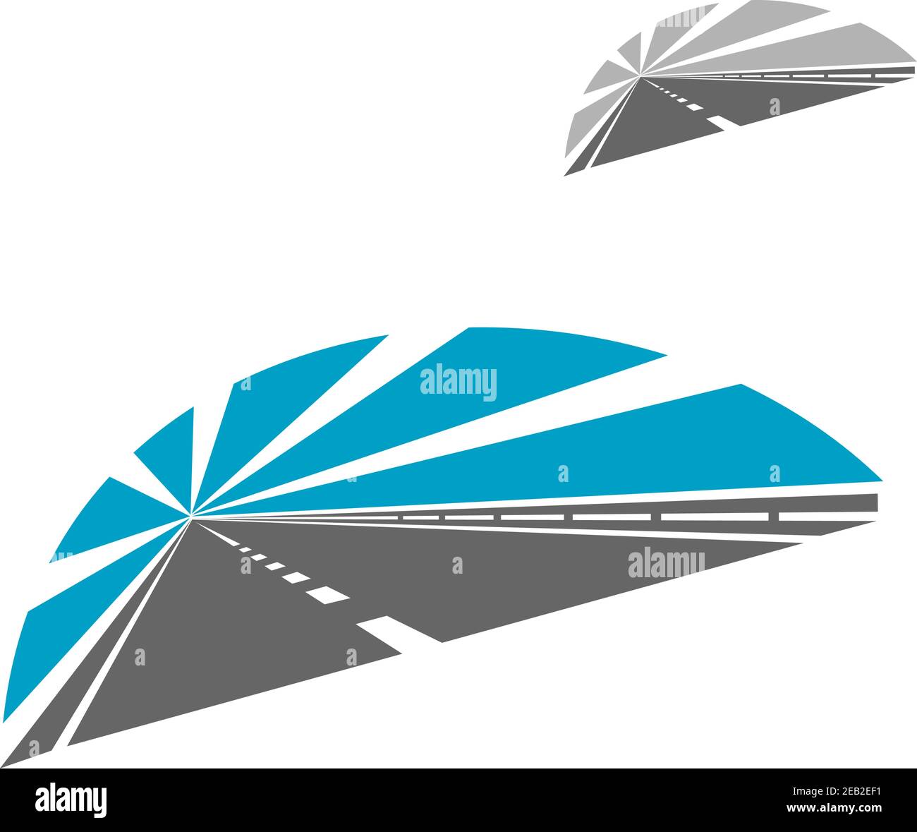Icona autostrada con cielo blu che scompare nella distanza al punto di fuga, per il trasporto o concetto di viaggio Illustrazione Vettoriale