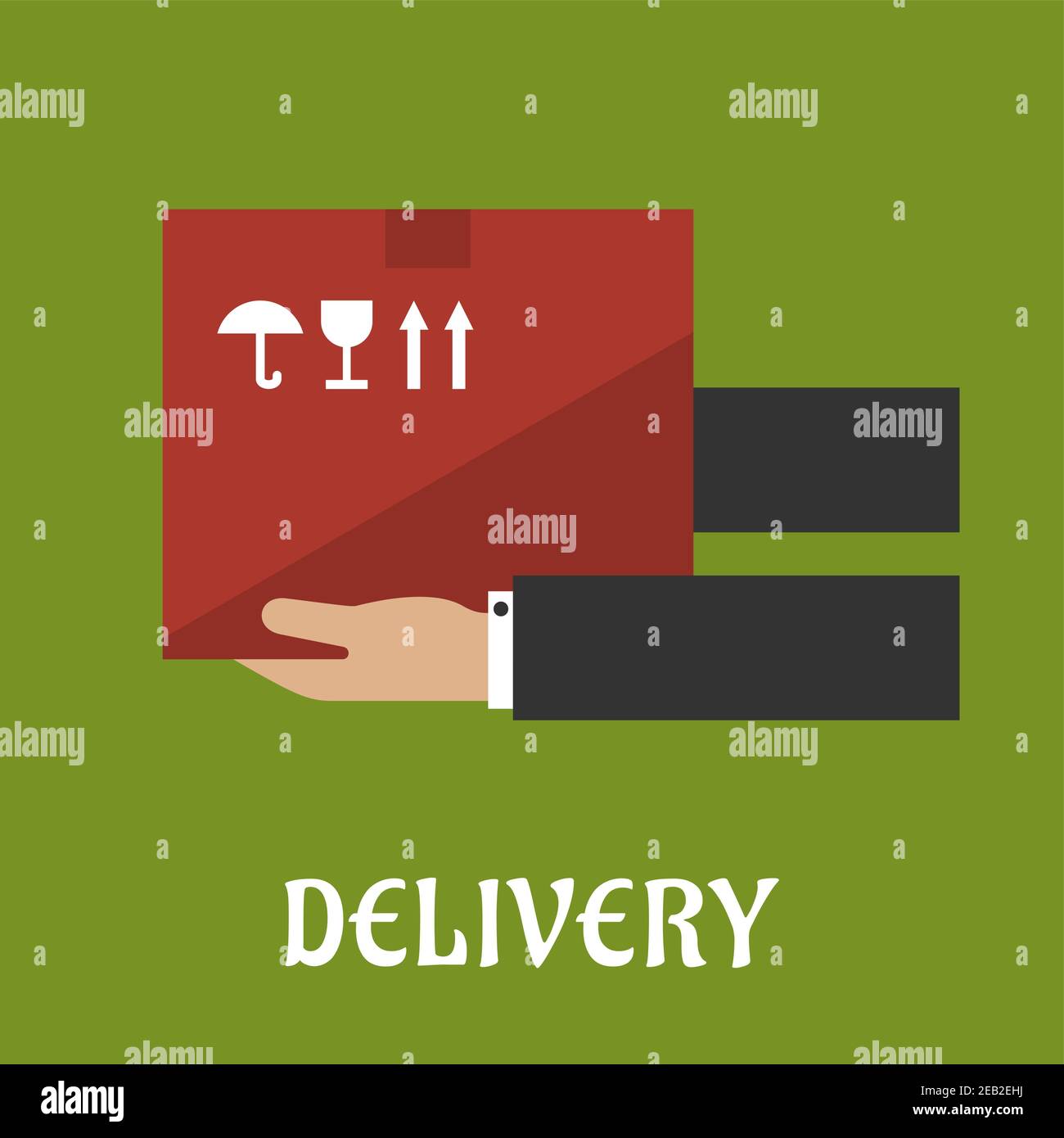Concetto di consegna con scatola di cartone per il trasporto delle mani, per progettazione logistica o di spedizione. Stile piatto Illustrazione Vettoriale