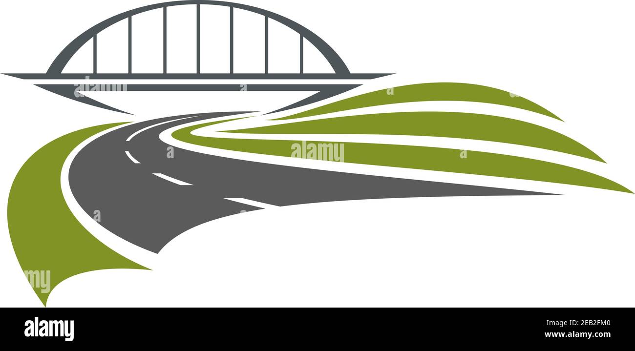 La strada passa sotto il ponte ferroviario con strade verdi, isolate su sfondo bianco, per il trasporto o la progettazione di viaggi in auto Illustrazione Vettoriale