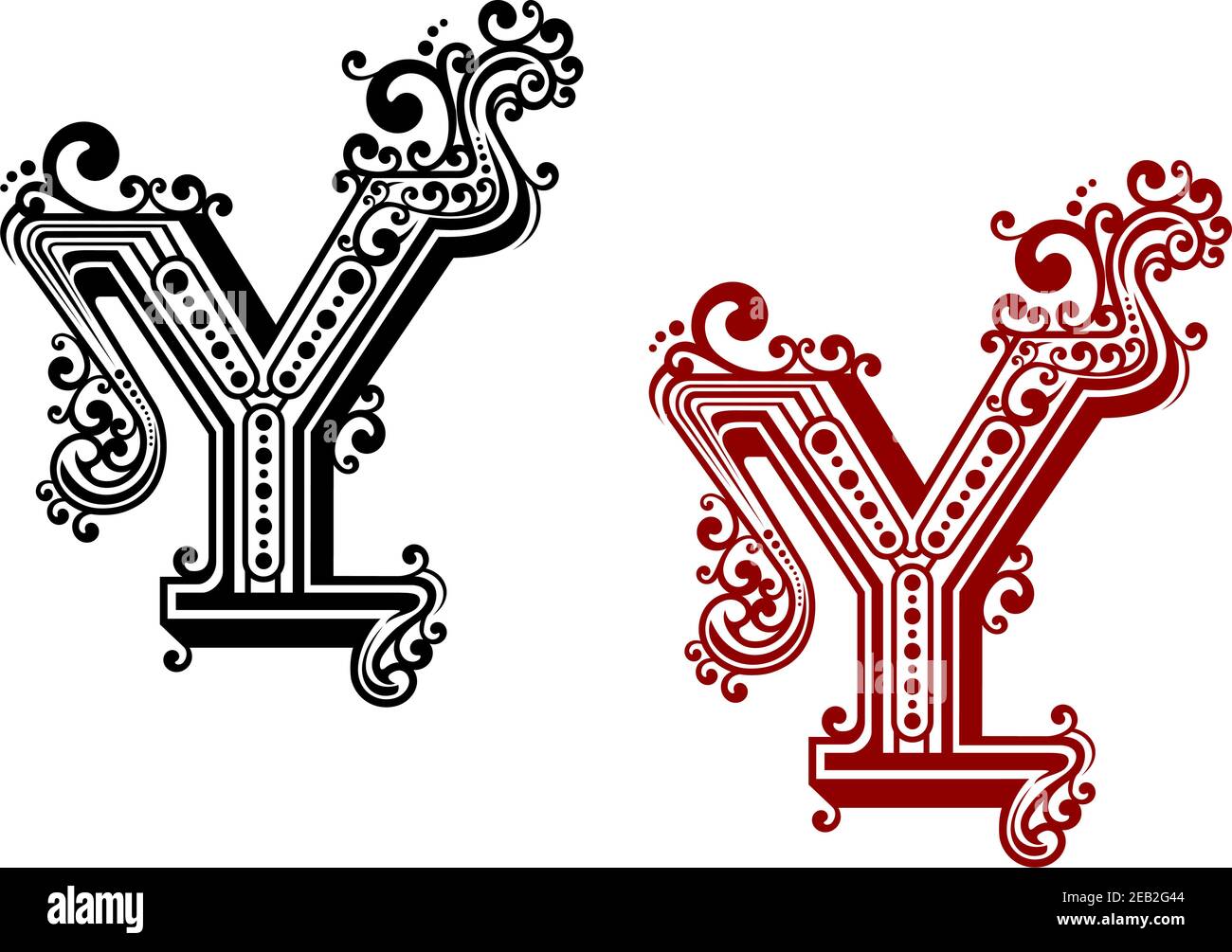 Lettera maiuscola retrò Y nei colori rosso e nero con curve ampie, torsioni e punti. Isolato su sfondo bianco per monogramma o design medievale Illustrazione Vettoriale