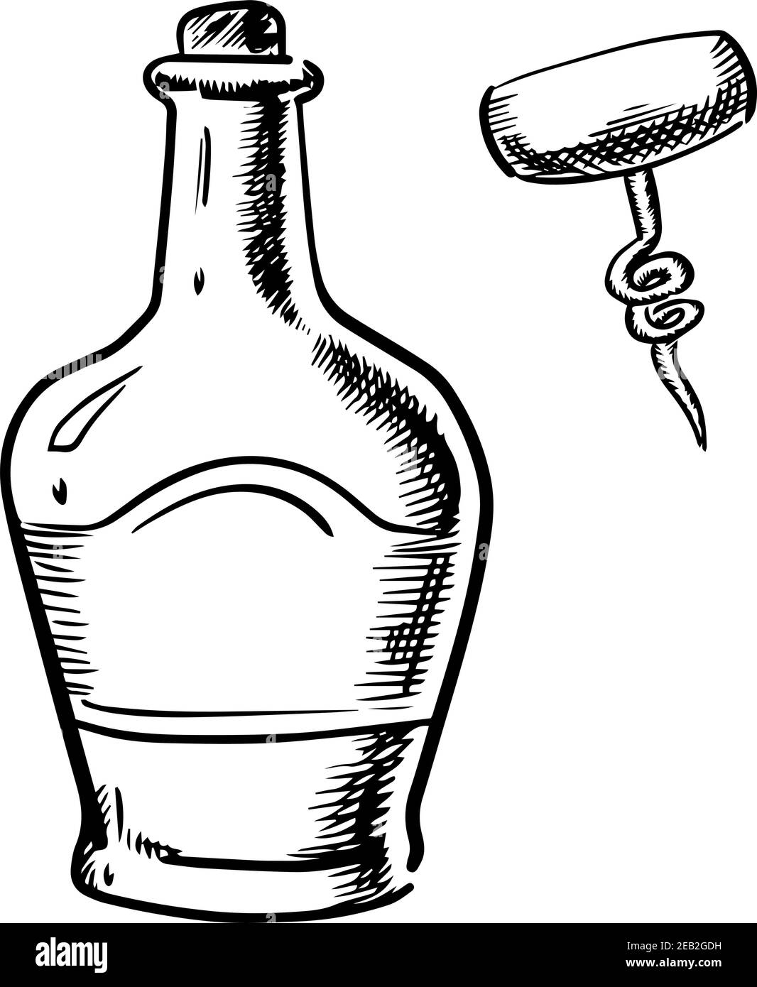 Whisky in bottiglia tradizionale con sughero, spalle larghe e cavatappi con manico in legno isolato su sfondo bianco, stile schizzo Illustrazione Vettoriale