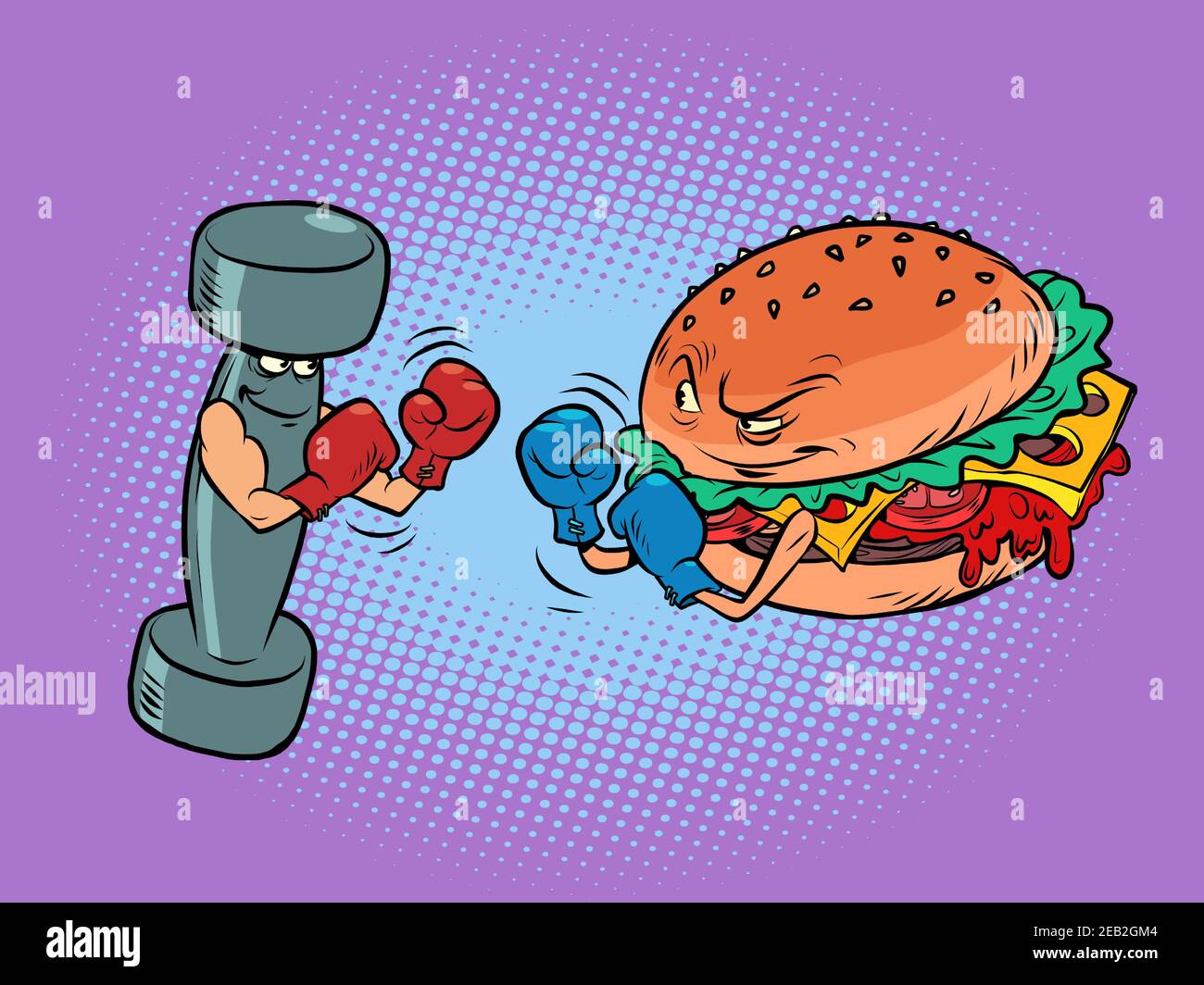 Pugilato dumbbell contro hamburger. Stile di vita sportivo contro nocivo Illustrazione Vettoriale