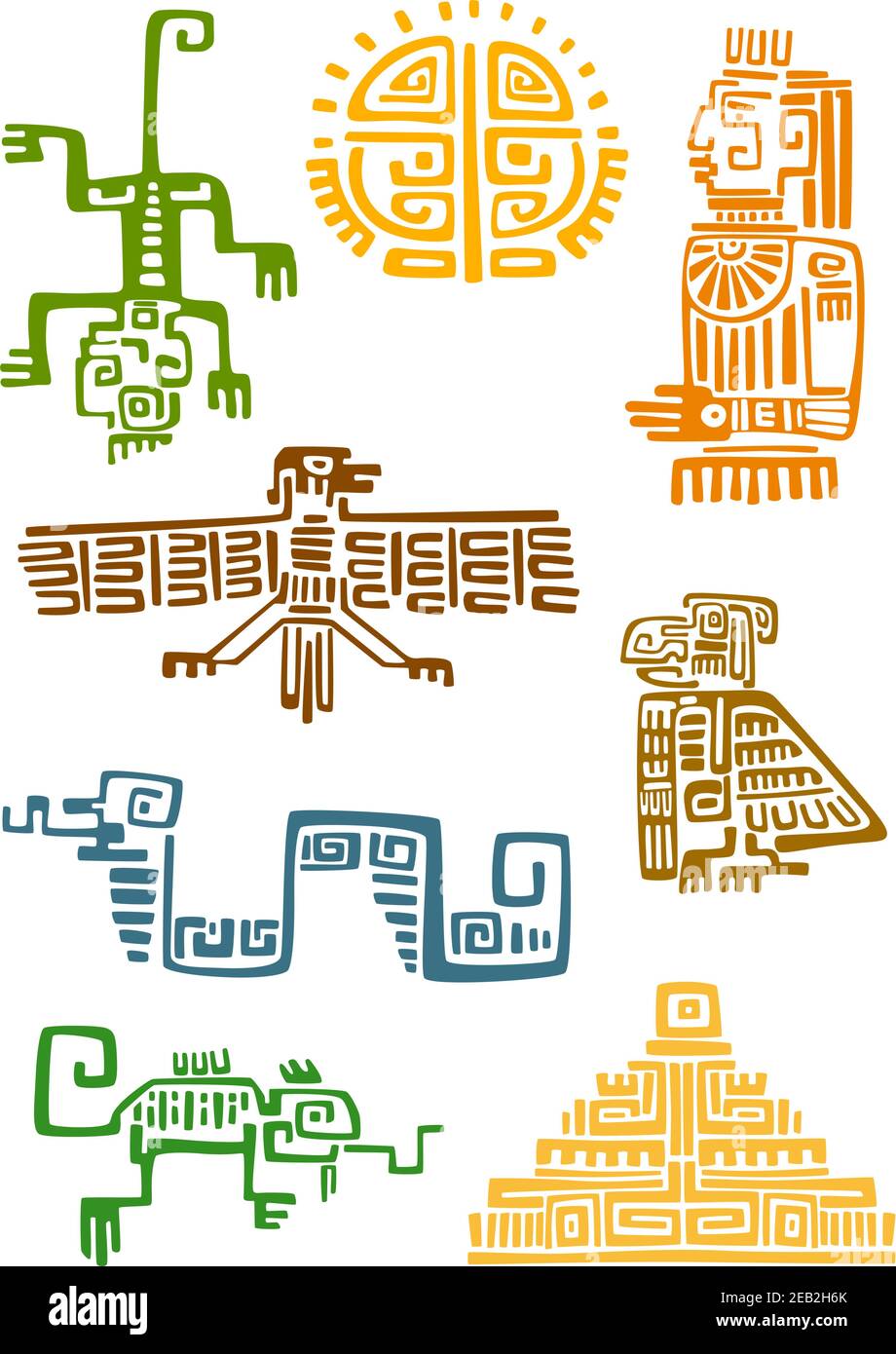 Antichi simboli ornamentali azteco e maya di sole, dio idolo, piramide, aquila, corvo, scimmia, sneak, lucertola. Per totem animale, religione o tatuaggio disegno Illustrazione Vettoriale