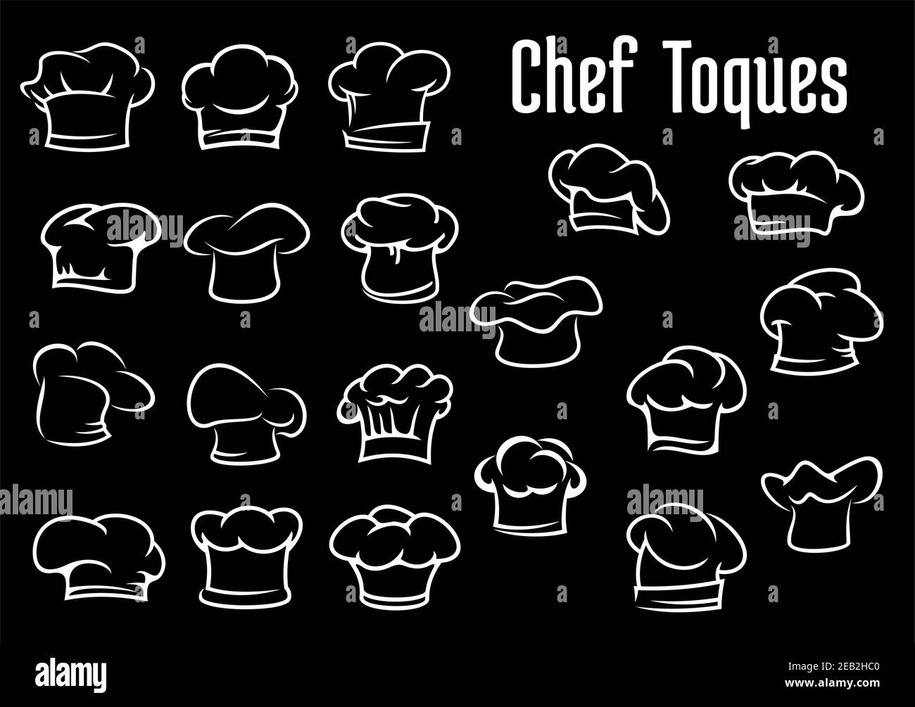 Cappelli da chef e cuoco, cappelli e toques icone isolate su sfondo nero per il design di ristoranti o caffè Illustrazione Vettoriale