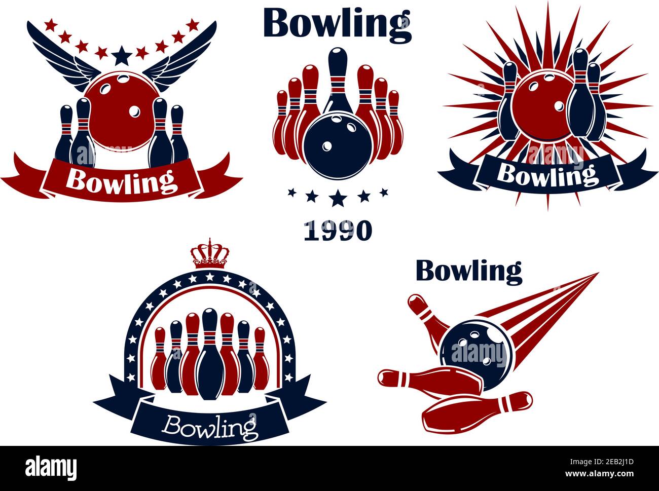 Gioco di bowling icone retrò o emblemi con sciopero, palle, ninepin, ali, stelle, raggi, corona e banner nastro Illustrazione Vettoriale