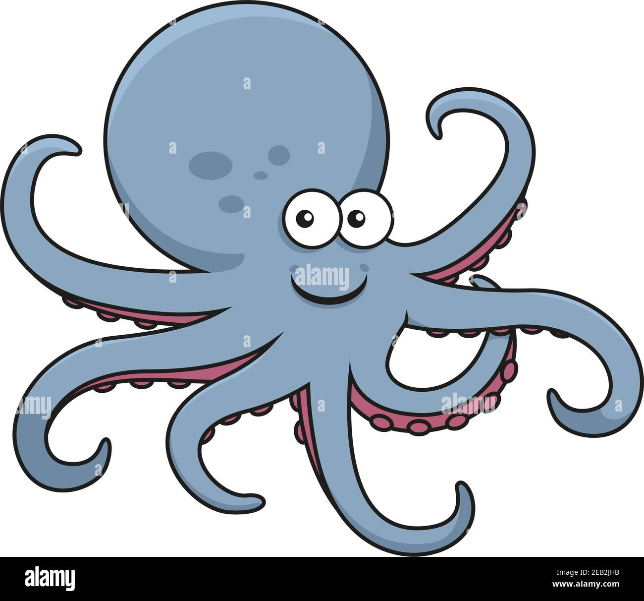 Personaggio cartoon polpo blu con testa rotonda grande e tentacoli curvi con ventose rosa, per fauna selvatica subacquea o design mascotte Illustrazione Vettoriale