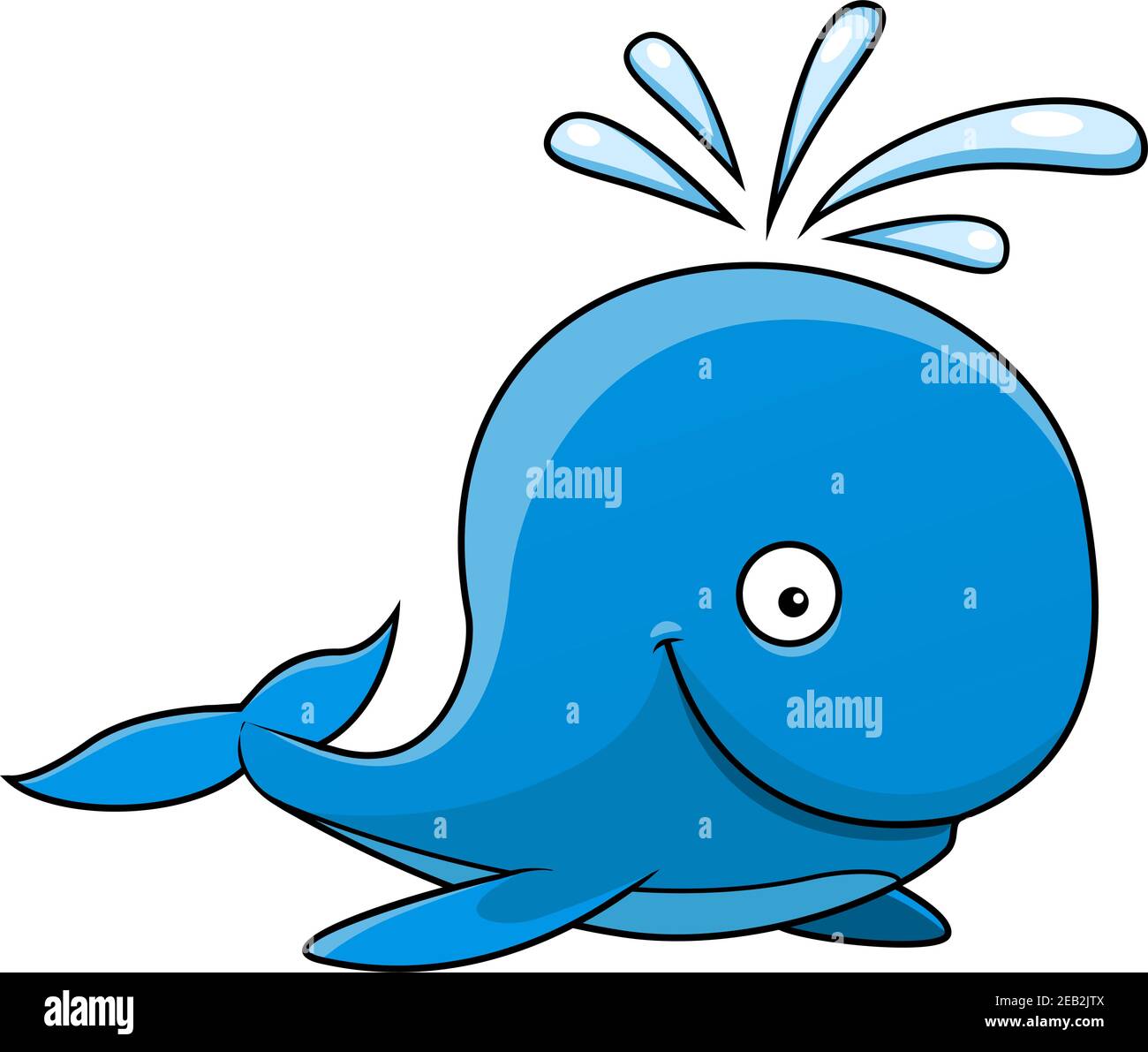 Carino felice piccola balena cartoon blu soffia un beccuccio d'acqua con un grande sorriso, isolato su bianco Illustrazione Vettoriale
