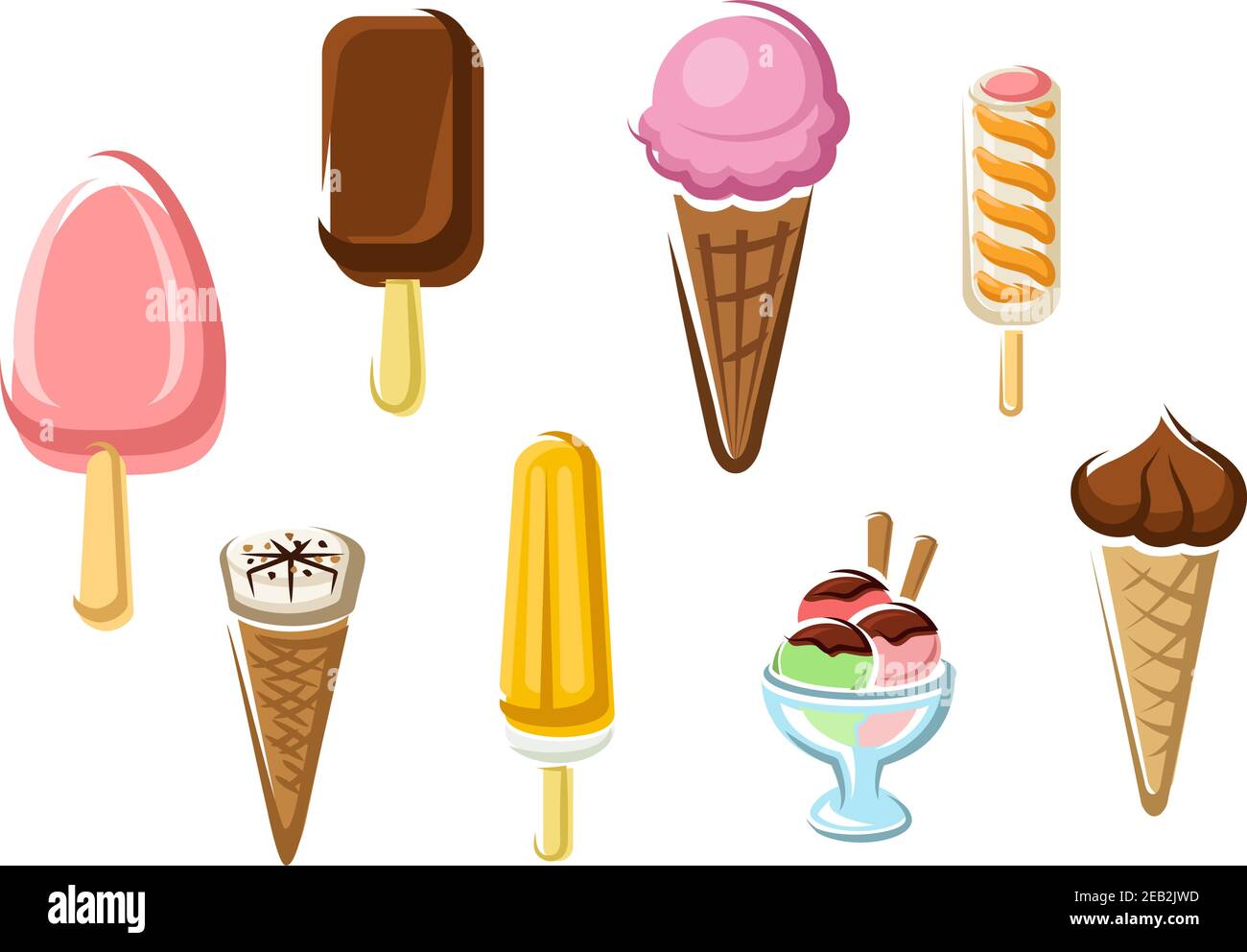 Icone di gelato con succhietti surgelati, coni di gelato e una salsa Illustrazione Vettoriale
