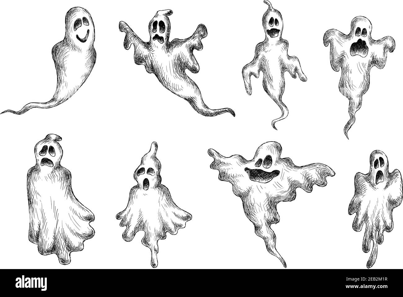 Flying Halloween inquietante e fantasmi divertenti per la progettazione di temi di vacanza Illustrazione Vettoriale